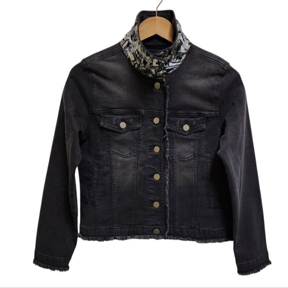 APNY Denim Jacket Women S Black Cotton Blend Graffiti Frayed Button Distressed - Picture 3 of 15